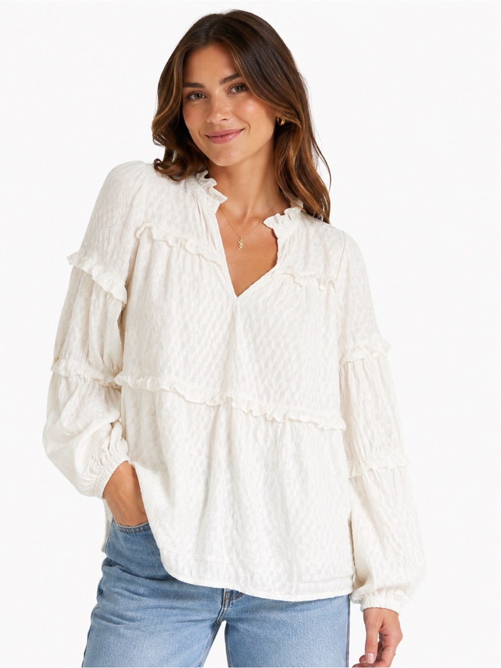 Maeve Anthropologie White Textured Ruffle Peasant Blouse XS Boho